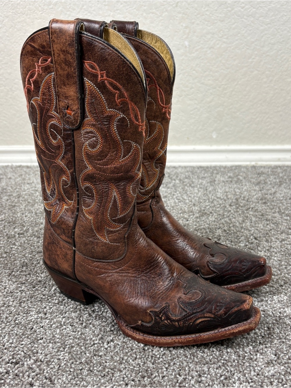 Tony Lama VF6005  5.5 B Vaquero Western Boot Clay SantaFe Leather Tooled Wingtip